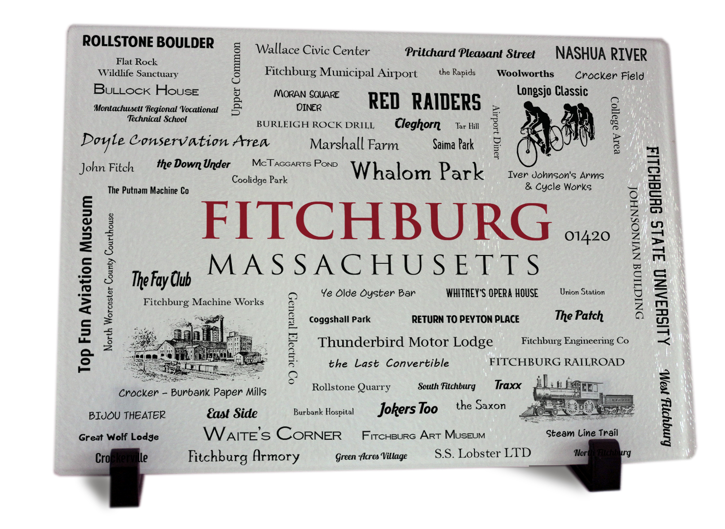 Fitchburg word art tempered glass cutting board