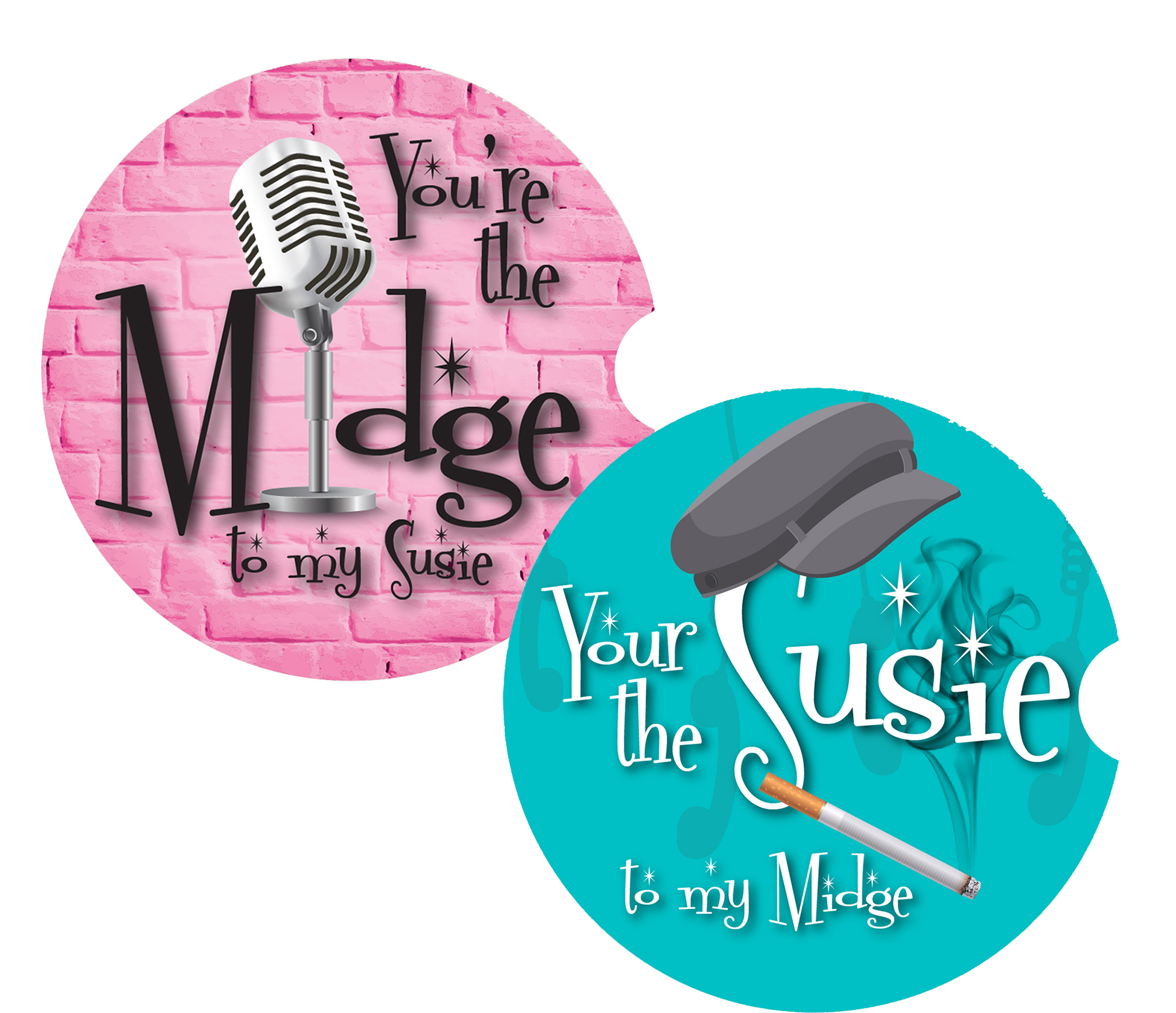 Midge and Susie car coasters
